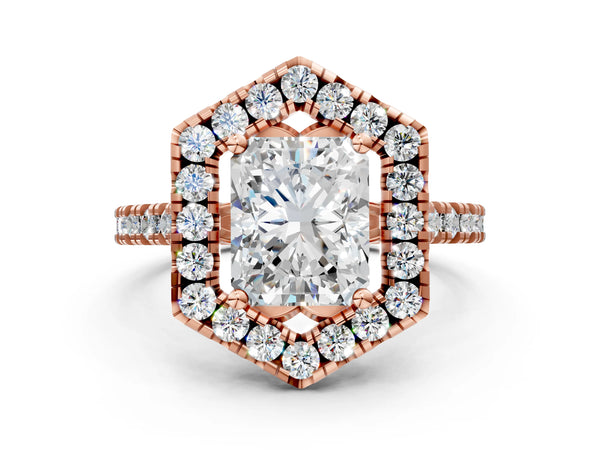 Rose gold Hexagonal Halo Radiant Cut Diamond Pavé Band with Four-Prong Setting