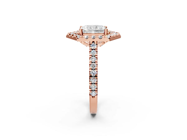 Rose gold Hexagonal Halo Radiant Cut Diamond Pavé Band with Four-Prong Setting