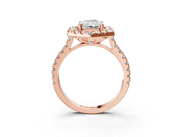 Rose gold Hexagonal Halo Radiant Cut Diamond Pavé Band with Four-Prong Setting