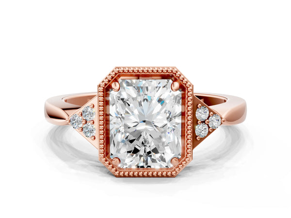 Rose gold Hexagonal Halo Radiant Cut Diamond Solitaire with Pavé Band and Four-Prong Setting