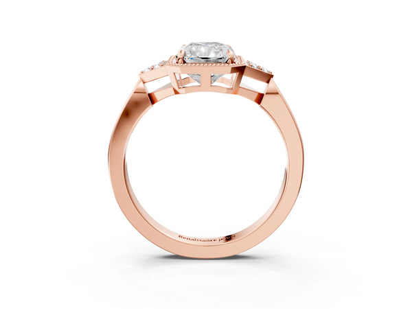 Rose gold Hexagonal Halo Radiant Cut Diamond Solitaire with Pavé Band and Four-Prong Setting