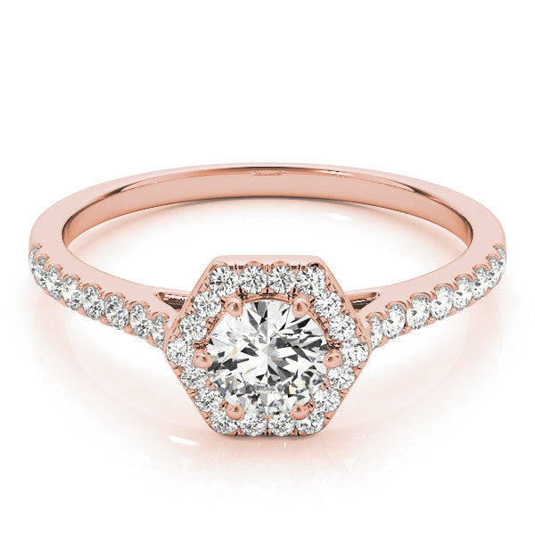 Rose gold Hexagonal Halo Radiant Cut Diamond Pavé Band with Four-Prong Setting