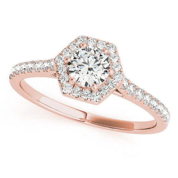 Rose gold Hexagonal Halo Radiant Cut Diamond Pavé Band with Four-Prong Setting