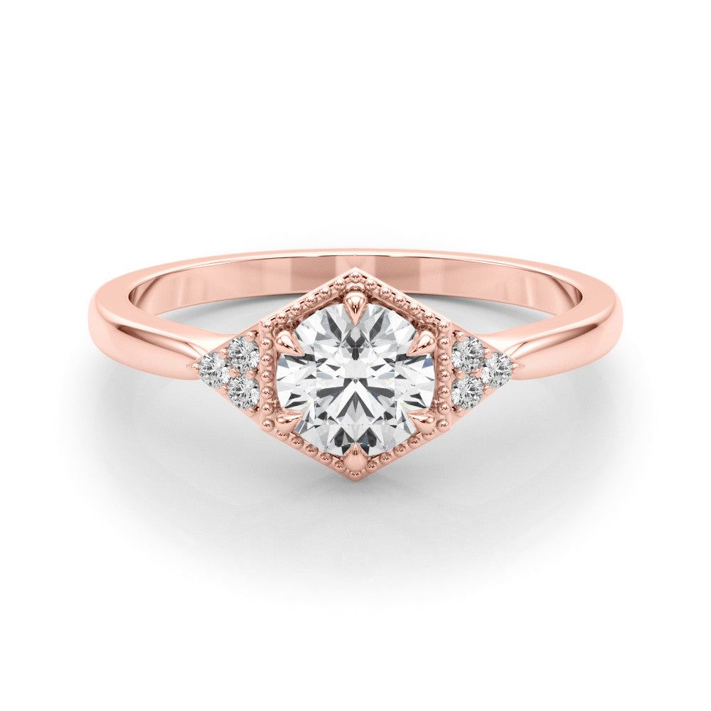 Rose gold Hexagonal Halo Round Diamond Solitaire with Pavé Band and Four-Prong Setting 1