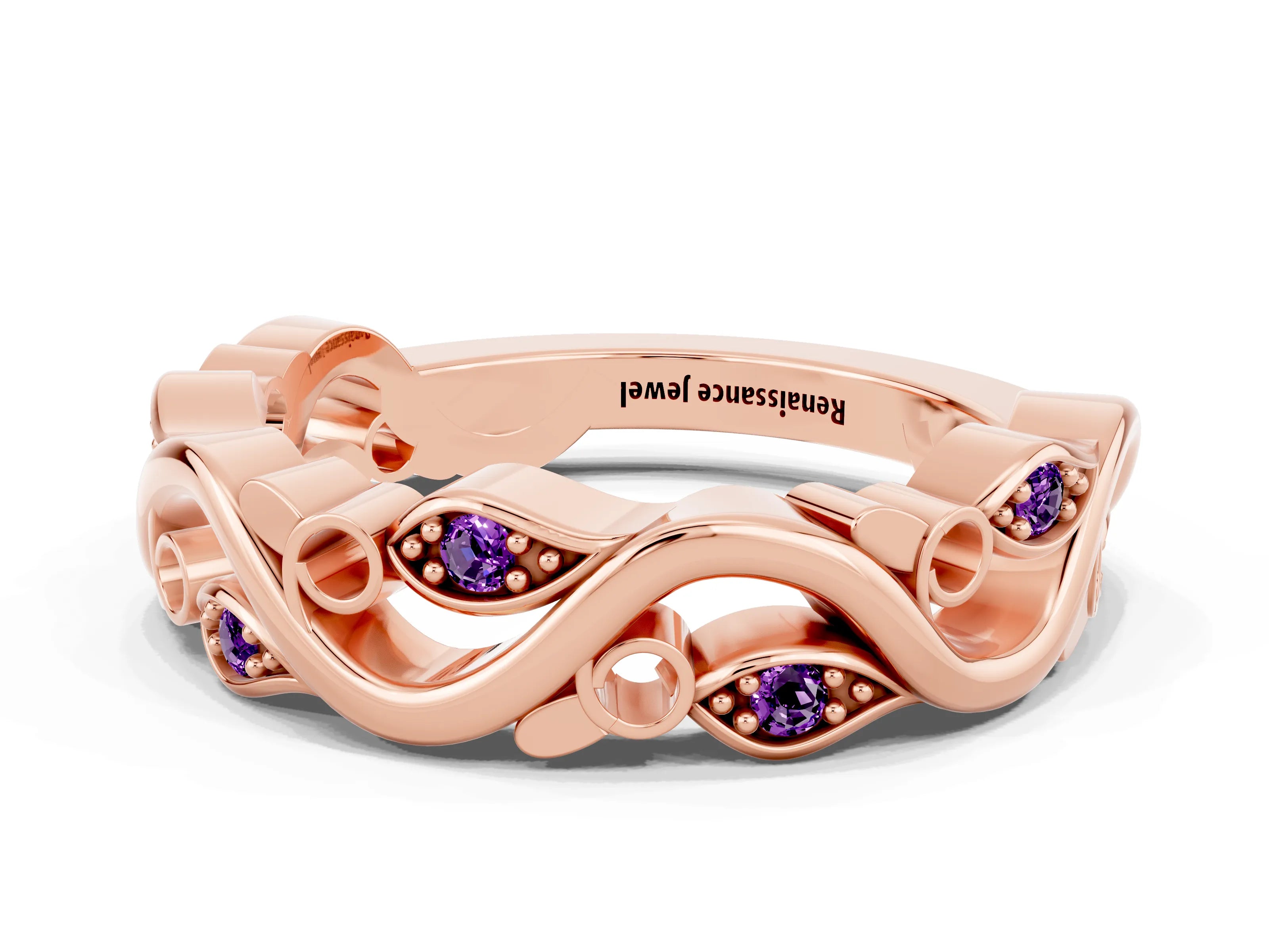 Rose gold Marquise Amethyst Vine Eternity Band with Bezel Setting_6