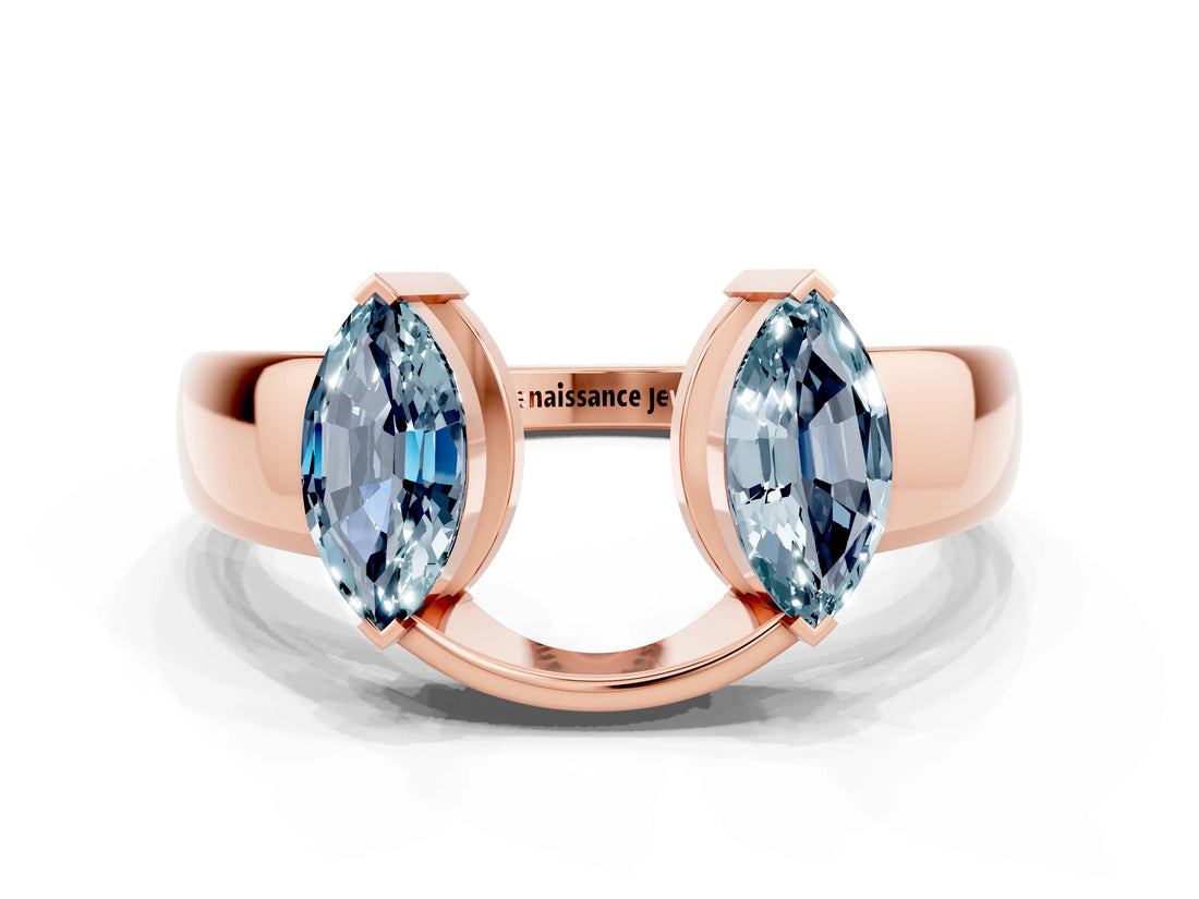 Rose gold Marquise Aquamarine Open Band Ring with Tension Setting_6
