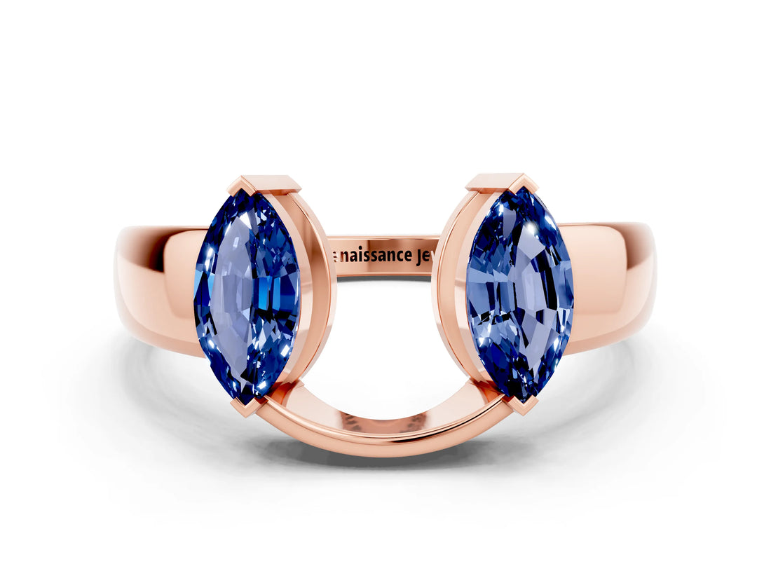 Rose gold Marquise Blue Sapphire Open Band Ring with Tension Setting_6