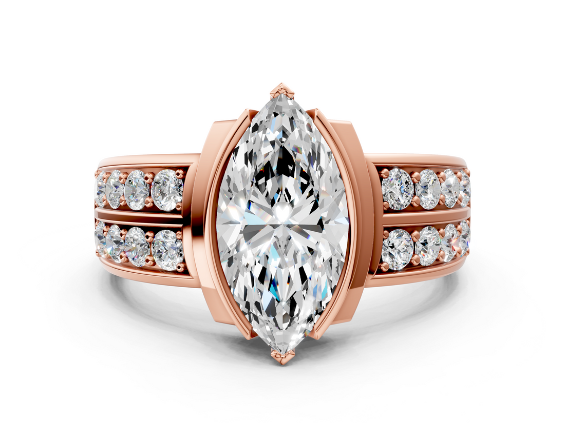 Rose gold Marquise Brilliant Diamond Channel Set Wide Band Ring with Bezel Setting_20