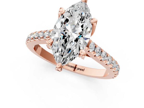 Rose gold Marquise Brilliant Diamond Solitaire with Pavé Band and Four-Prong Setting