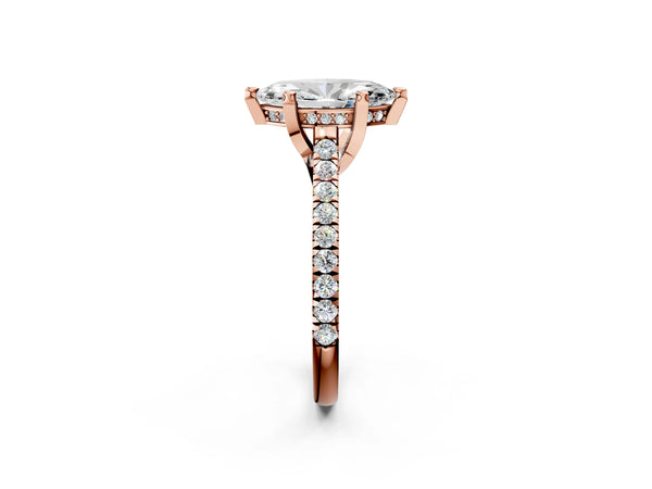 Rose gold Marquise Brilliant Diamond Solitaire with Pavé Band and Four-Prong Setting