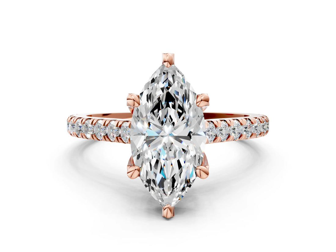 Rose gold Marquise Brilliant Diamond Solitaire with Pavé Band and Four-Prong Setting
