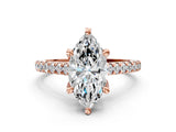 Rose gold Marquise Brilliant Diamond Solitaire with Pavé Band and Four-Prong Setting