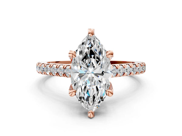 Rose gold Marquise Brilliant Diamond Solitaire with Pavé Band and Four-Prong Setting