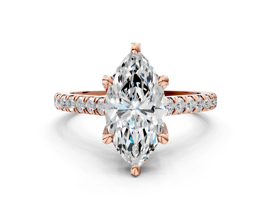 Rose gold Marquise Brilliant Diamond Solitaire with Pavé Band and Four-Prong Setting