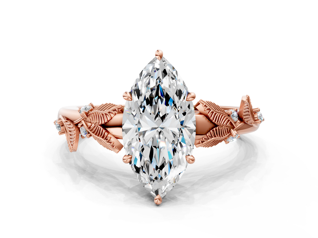Rose gold Marquise Brilliant Solitaire with Leaf Motif Band and Four-Prong Setting_73