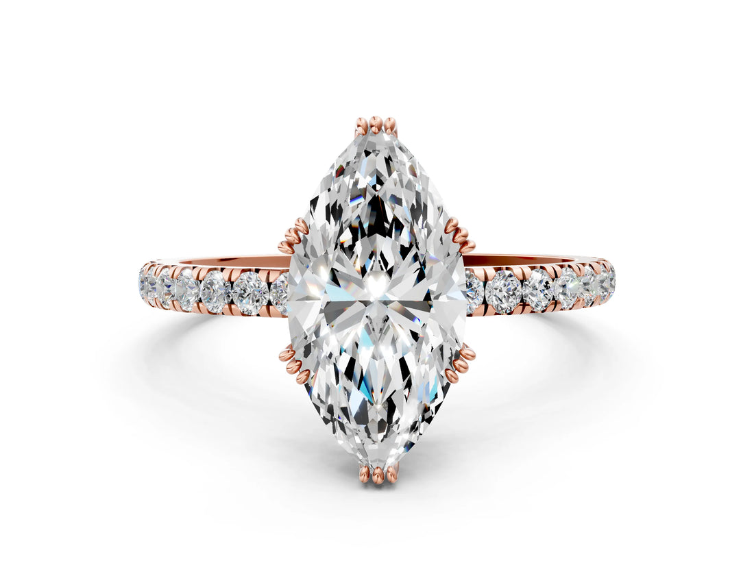 Rose gold Marquise Brilliant Solitaire with Pavé Band and Claw Prong Setting_7