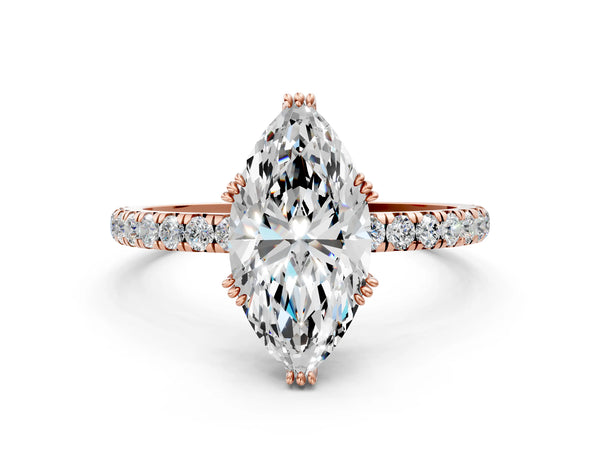 Rose gold Marquise Brilliant Solitaire with Pavé Band and Claw Prong Setting