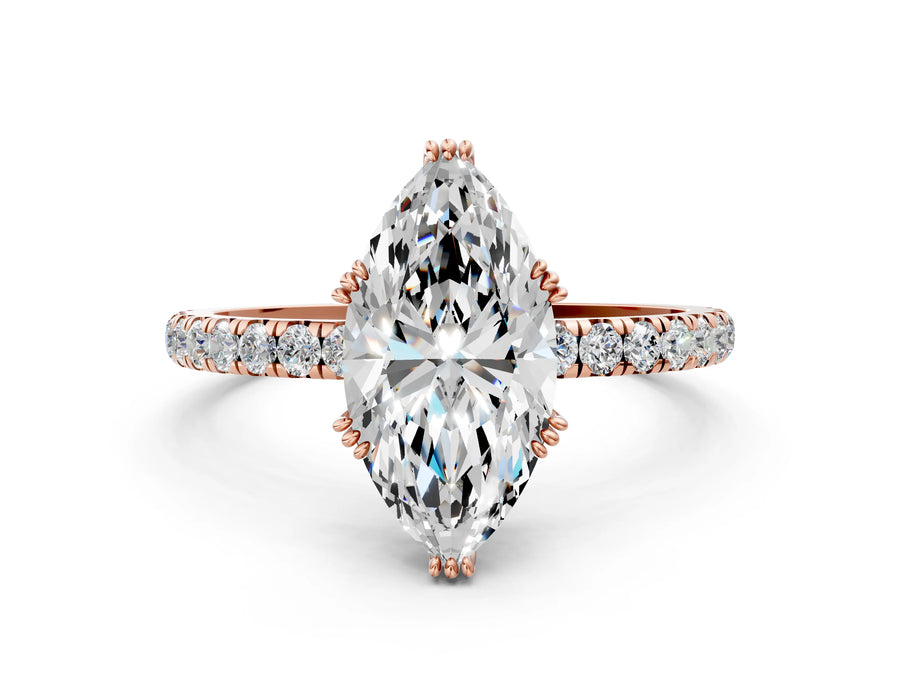 Rose gold Marquise Brilliant Solitaire with Pavé Band and Claw Prong Setting