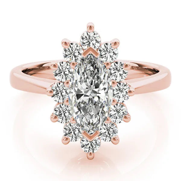 Rose gold Marquise Cluster Halo Diamond Ring with Solitaire Band and Prong Setting