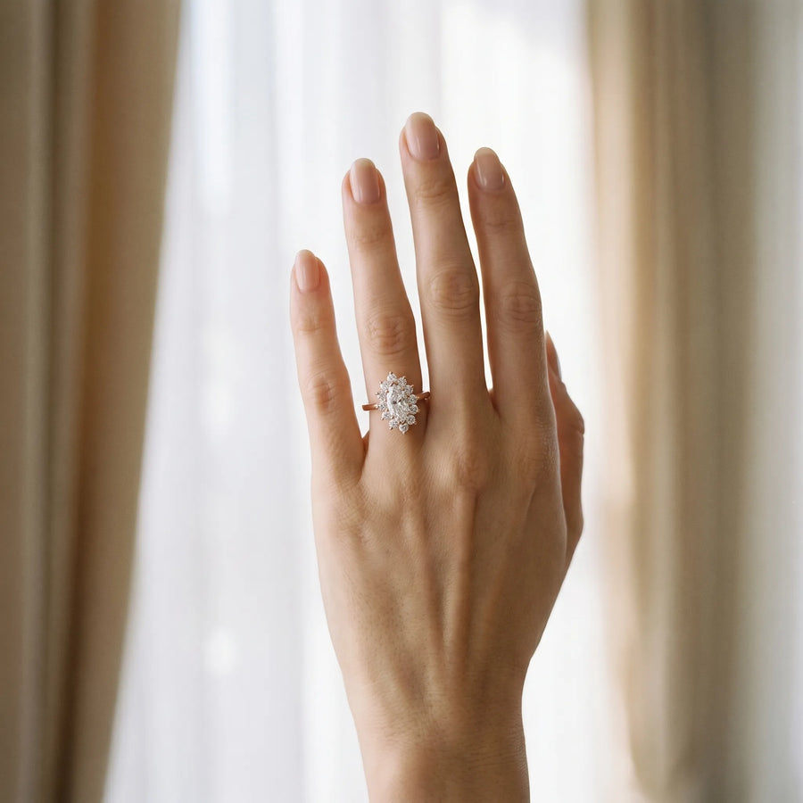 Rose gold Marquise Cluster Halo Diamond Ring with Solitaire Band and Prong Setting