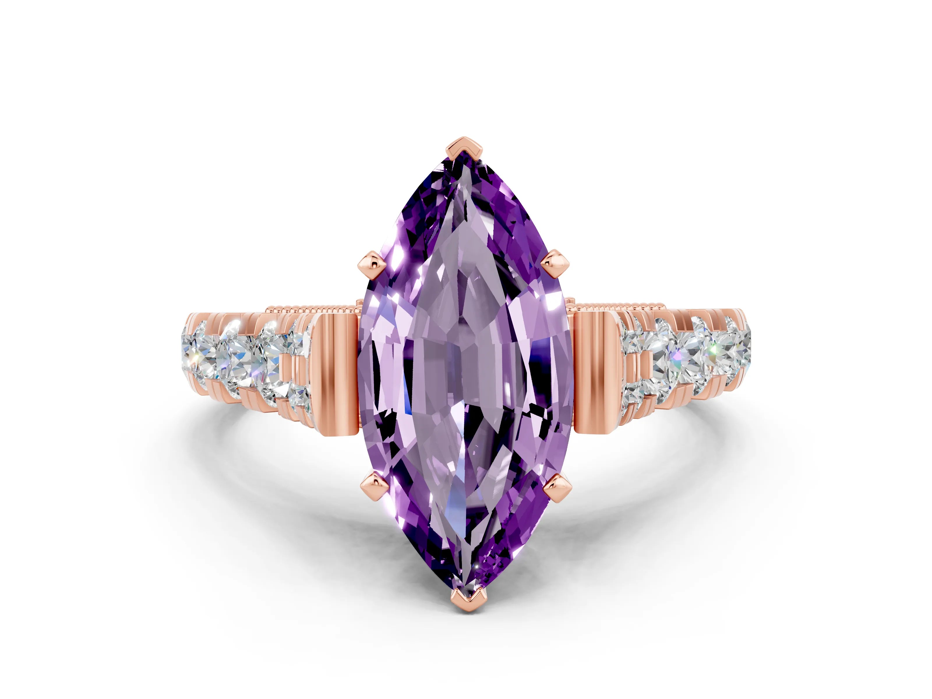 Rose gold Marquise Cut Amethyst Classic Solitaire Ring with Pavé Band and Four-Prong Setting
