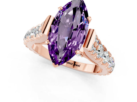 Rose gold Marquise Cut Amethyst Classic Solitaire Ring with Pavé Band and Four-Prong Setting_1