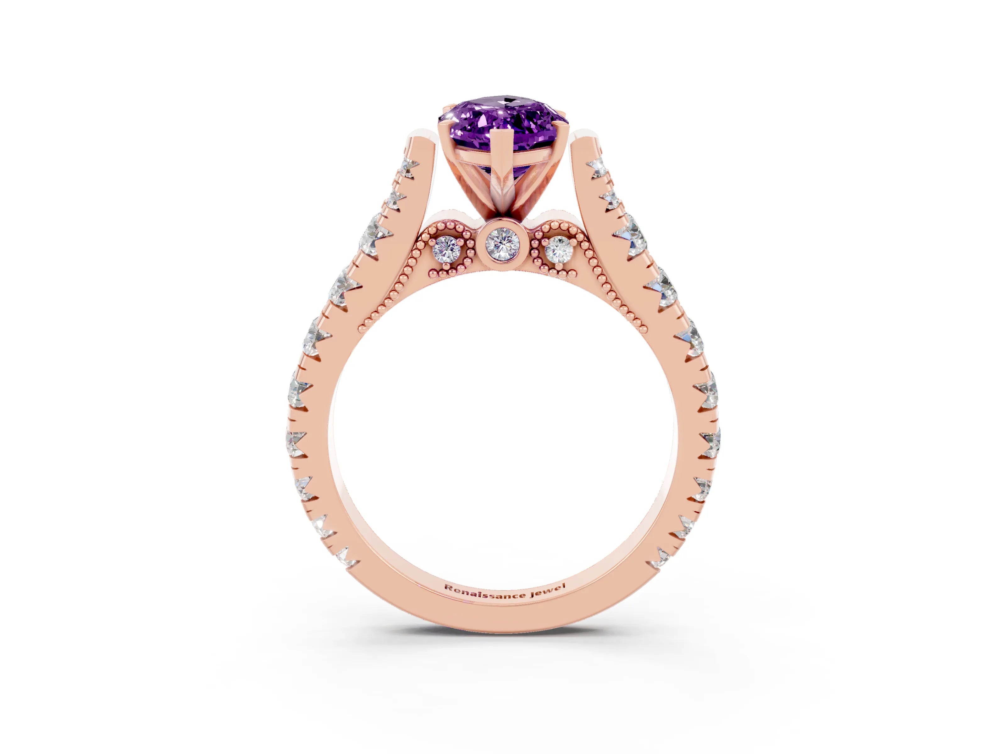 Rose gold Marquise Cut Amethyst Classic Solitaire Ring with Pavé Band and Four-Prong Setting_3