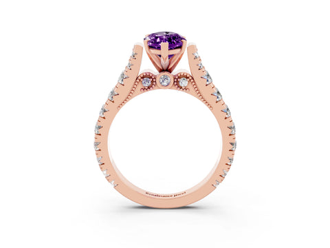 Rose gold Marquise Cut Amethyst Classic Solitaire Ring with Pavé Band and Four-Prong Setting_3