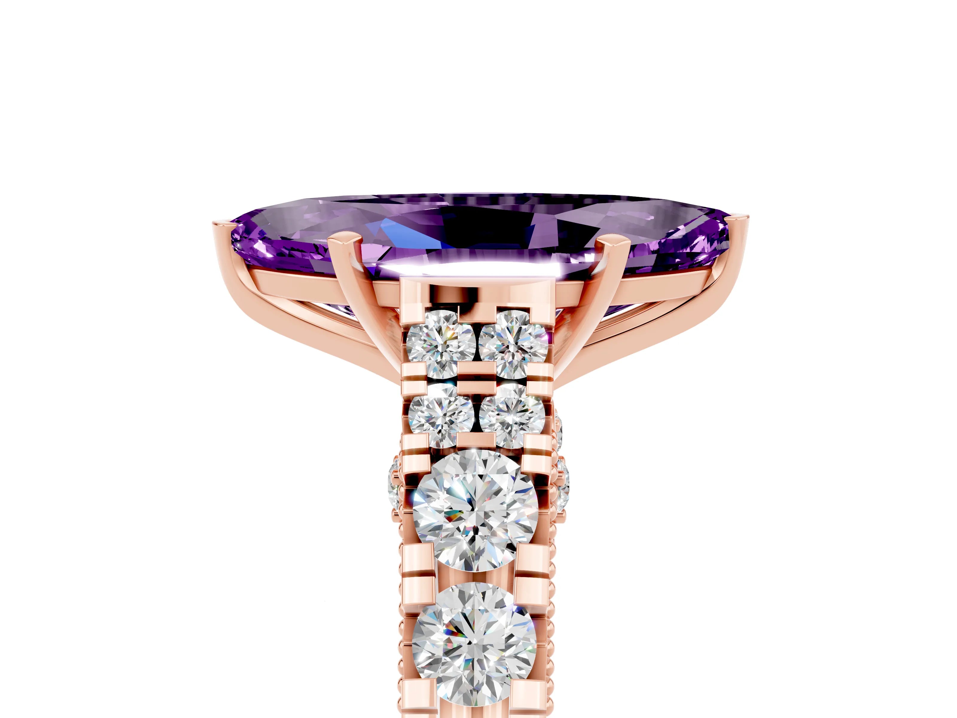 Rose gold Marquise Cut Amethyst Classic Solitaire Ring with Pavé Band and Four-Prong Setting_5