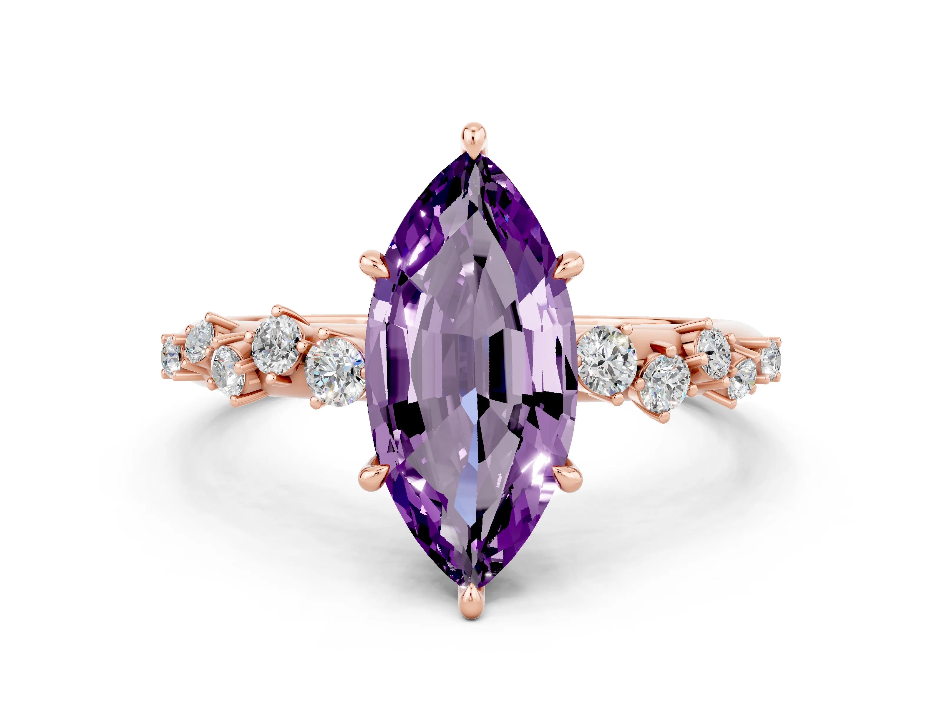 Rose gold Marquise Cut Amethyst Cluster Side Stone Solitaire Ring with Prong Setting_24