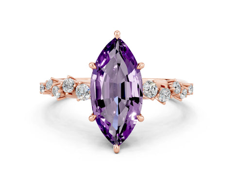 Rose gold Marquise Cut Amethyst Cluster Side Stone Solitaire Ring with Prong Setting_24