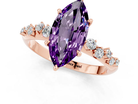 Rose gold Marquise Cut Amethyst Cluster Side Stone Solitaire Ring with Prong Setting_25