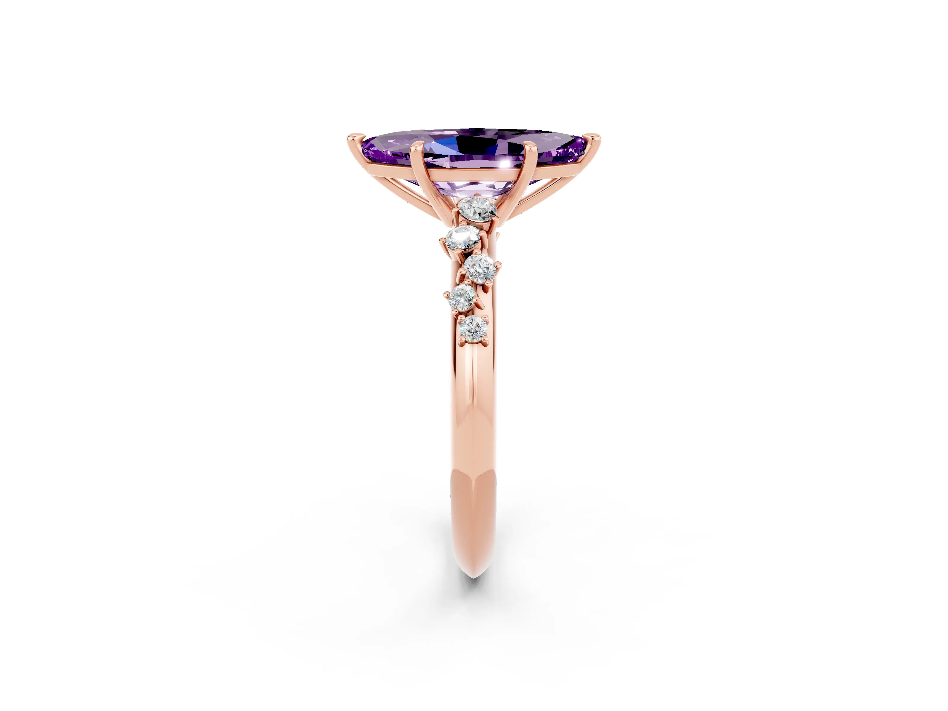 Rose gold Marquise Cut Amethyst Cluster Side Stone Solitaire Ring with Prong Setting_26