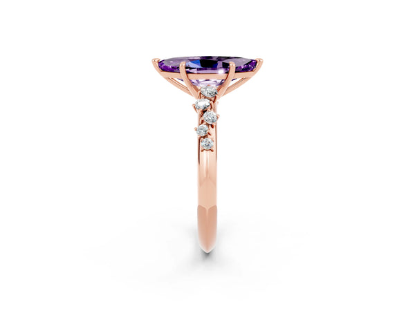 Rose gold Marquise Cut Amethyst Cluster Side Stone Solitaire Ring with Prong Setting