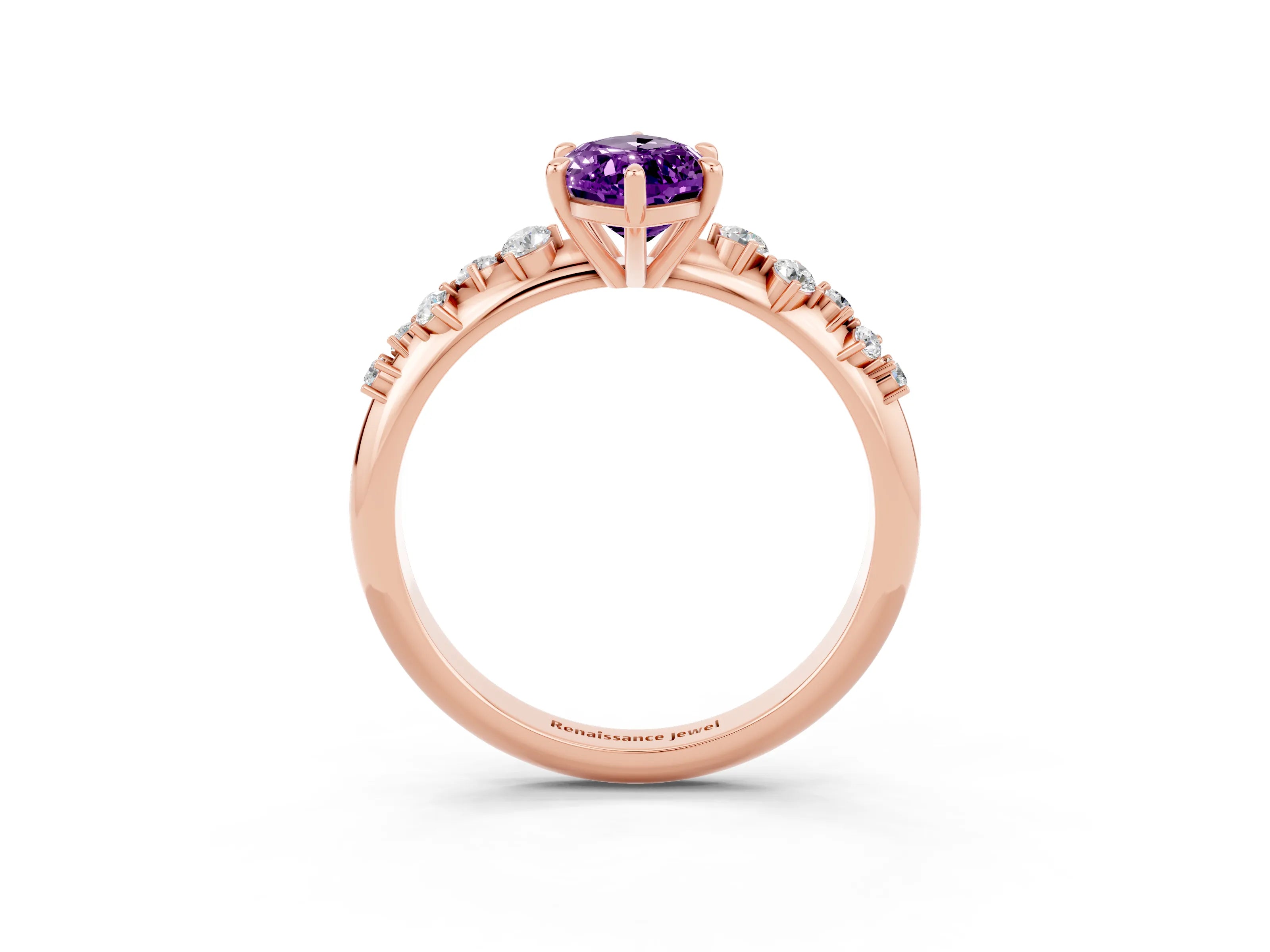 Rose gold Marquise Cut Amethyst Cluster Side Stone Solitaire Ring with Prong Setting_27