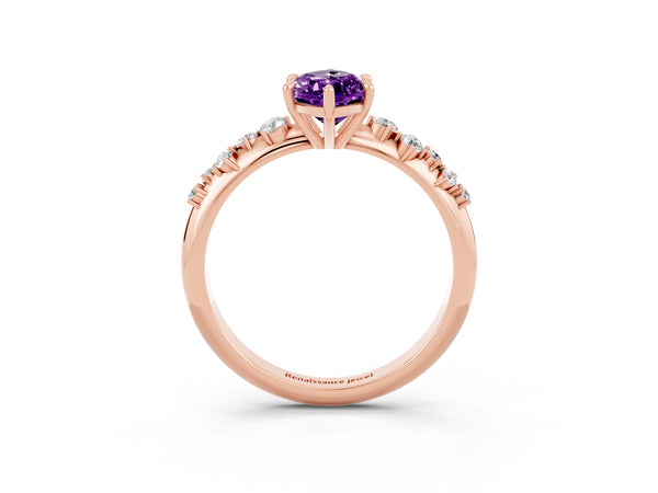 Rose gold Marquise Cut Amethyst Cluster Side Stone Solitaire Ring with Prong Setting