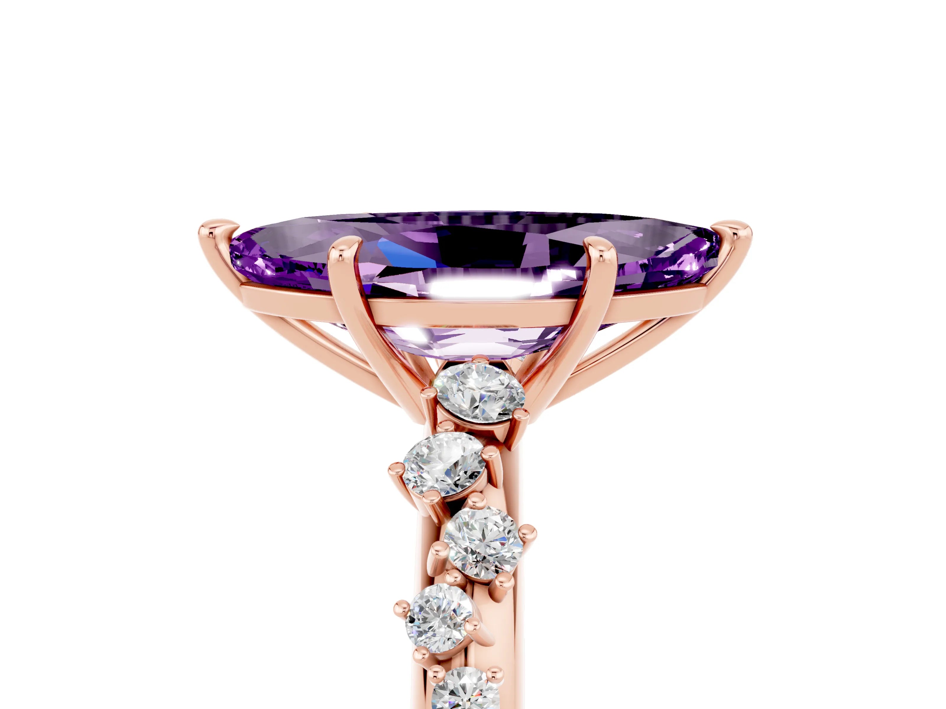 Rose gold Marquise Cut Amethyst Cluster Side Stone Solitaire Ring with Prong Setting_29