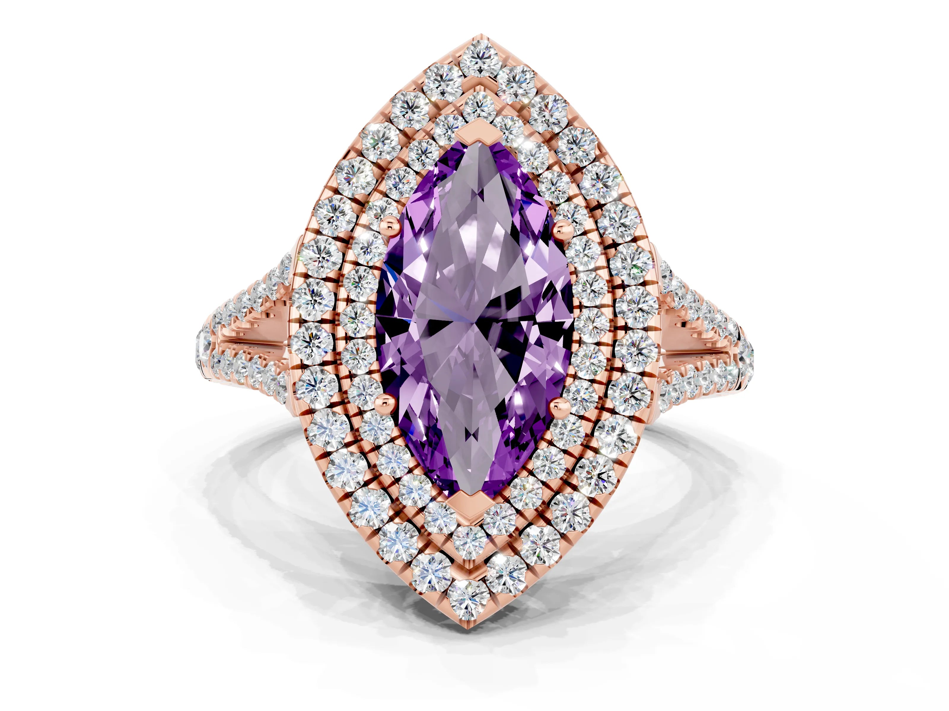 Rose gold Marquise Cut Amethyst Double Halo Ring with Pavé Band and Prong Setting_12