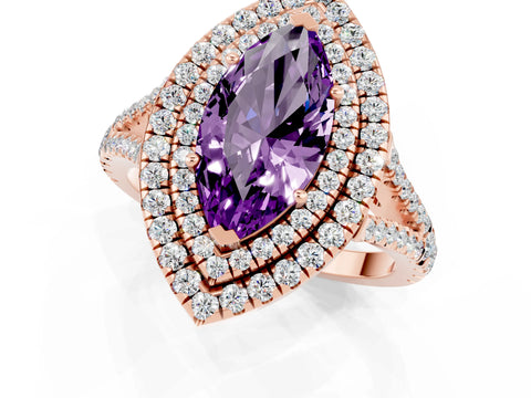 Rose gold Marquise Cut Amethyst Double Halo Ring with Pavé Band and Prong Setting_13