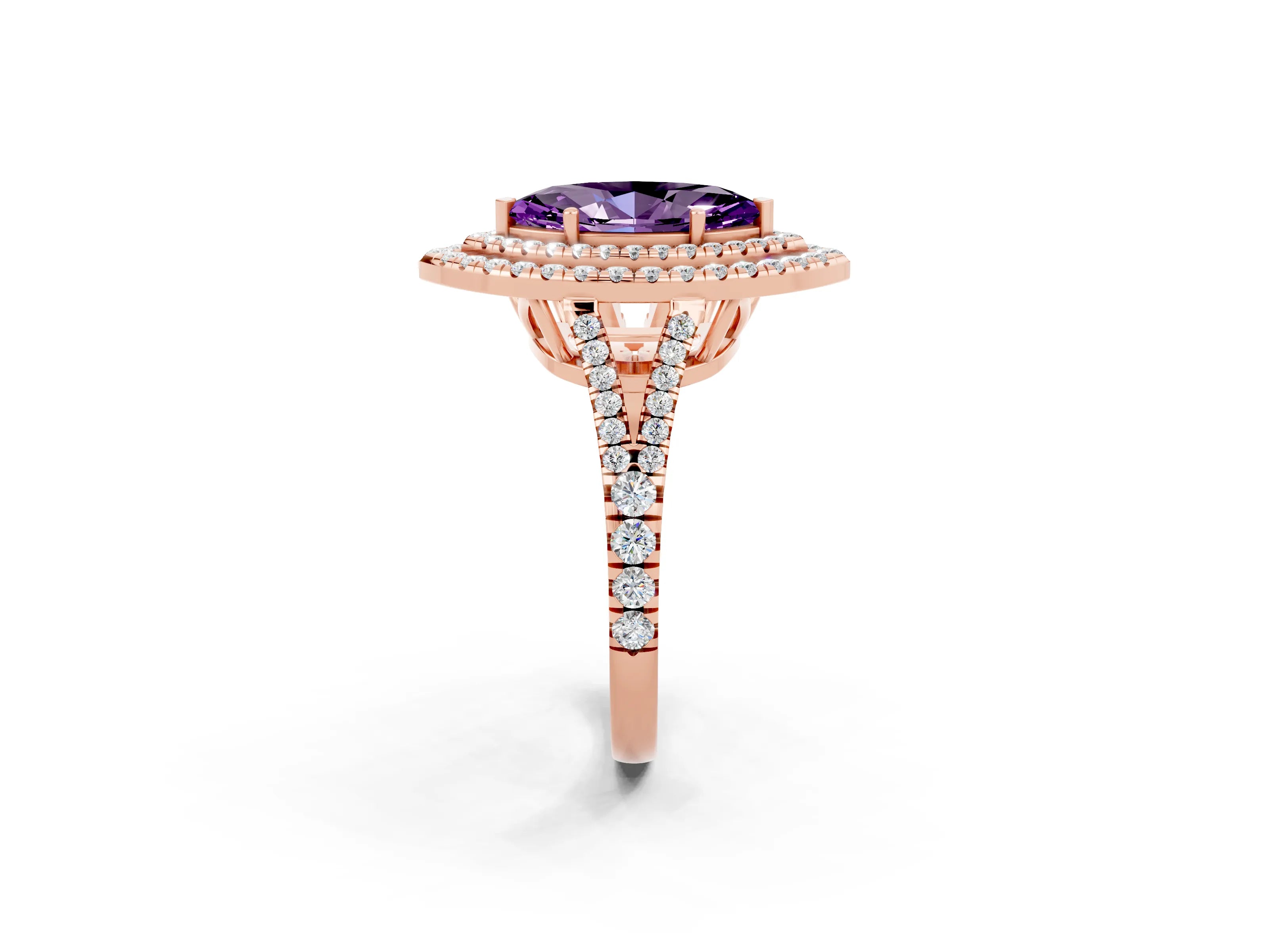 Rose gold Marquise Cut Amethyst Double Halo Ring with Pavé Band and Prong Setting_14