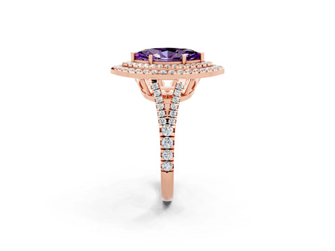 Rose gold Marquise Cut Amethyst Double Halo Ring with Pavé Band and Prong Setting_14