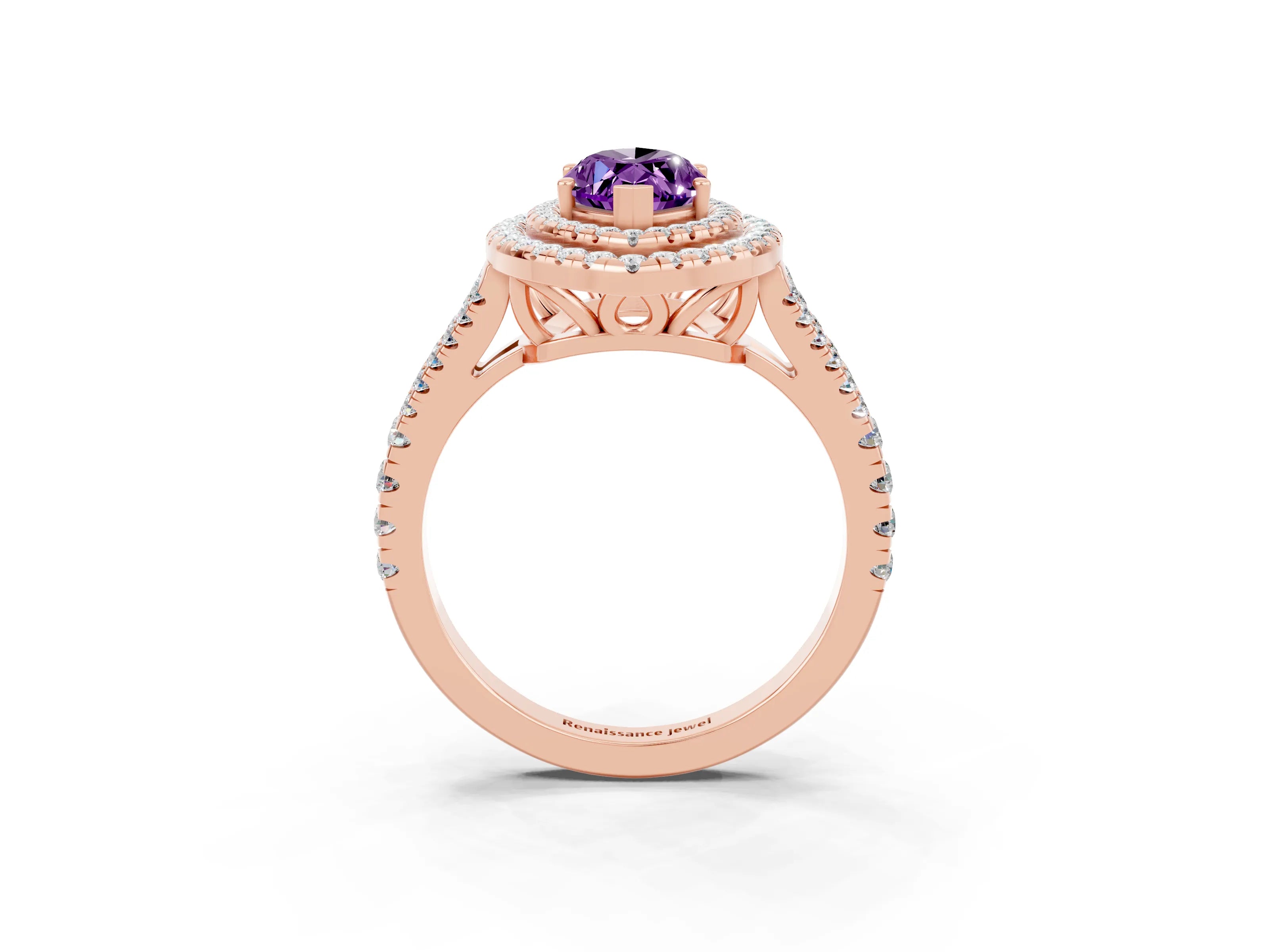 Rose gold Marquise Cut Amethyst Double Halo Ring with Pavé Band and Prong Setting_15