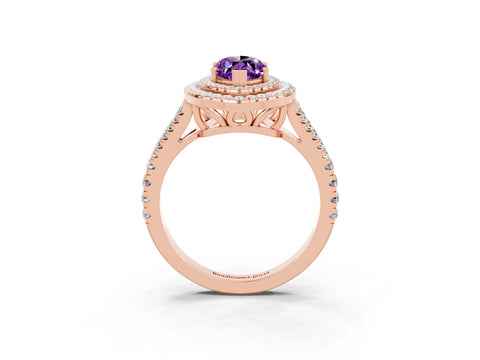 Rose gold Marquise Cut Amethyst Double Halo Ring with Pavé Band and Prong Setting_15