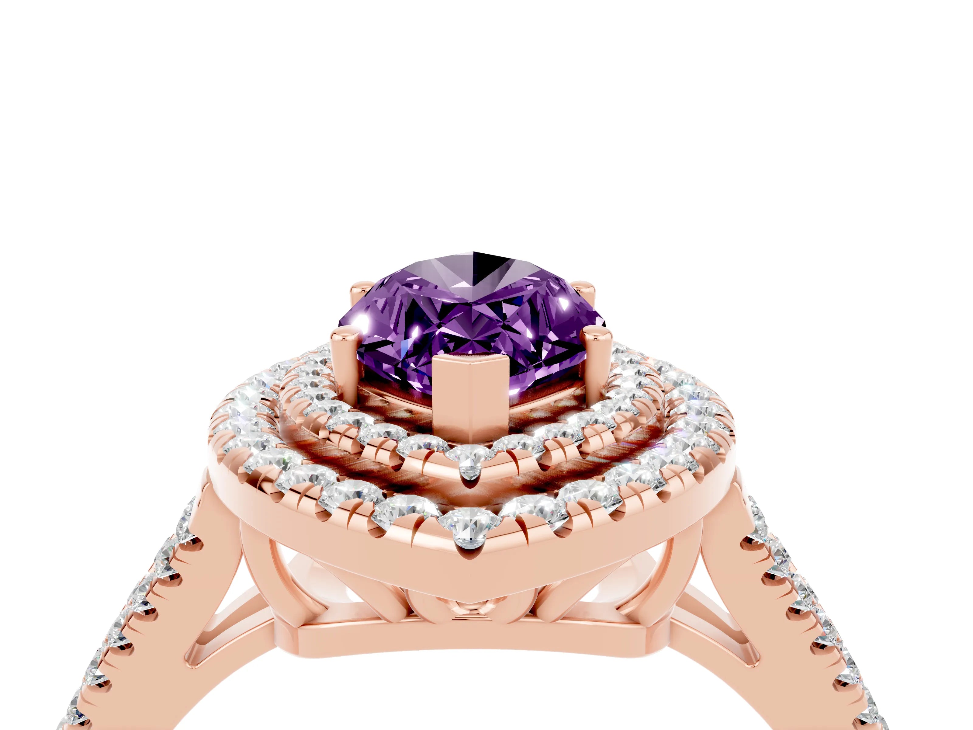 Rose gold Marquise Cut Amethyst Double Halo Ring with Pavé Band and Prong Setting_16