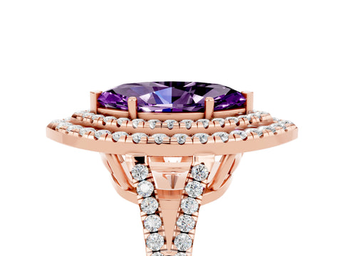 Rose gold Marquise Cut Amethyst Double Halo Ring with Pavé Band and Prong Setting_17