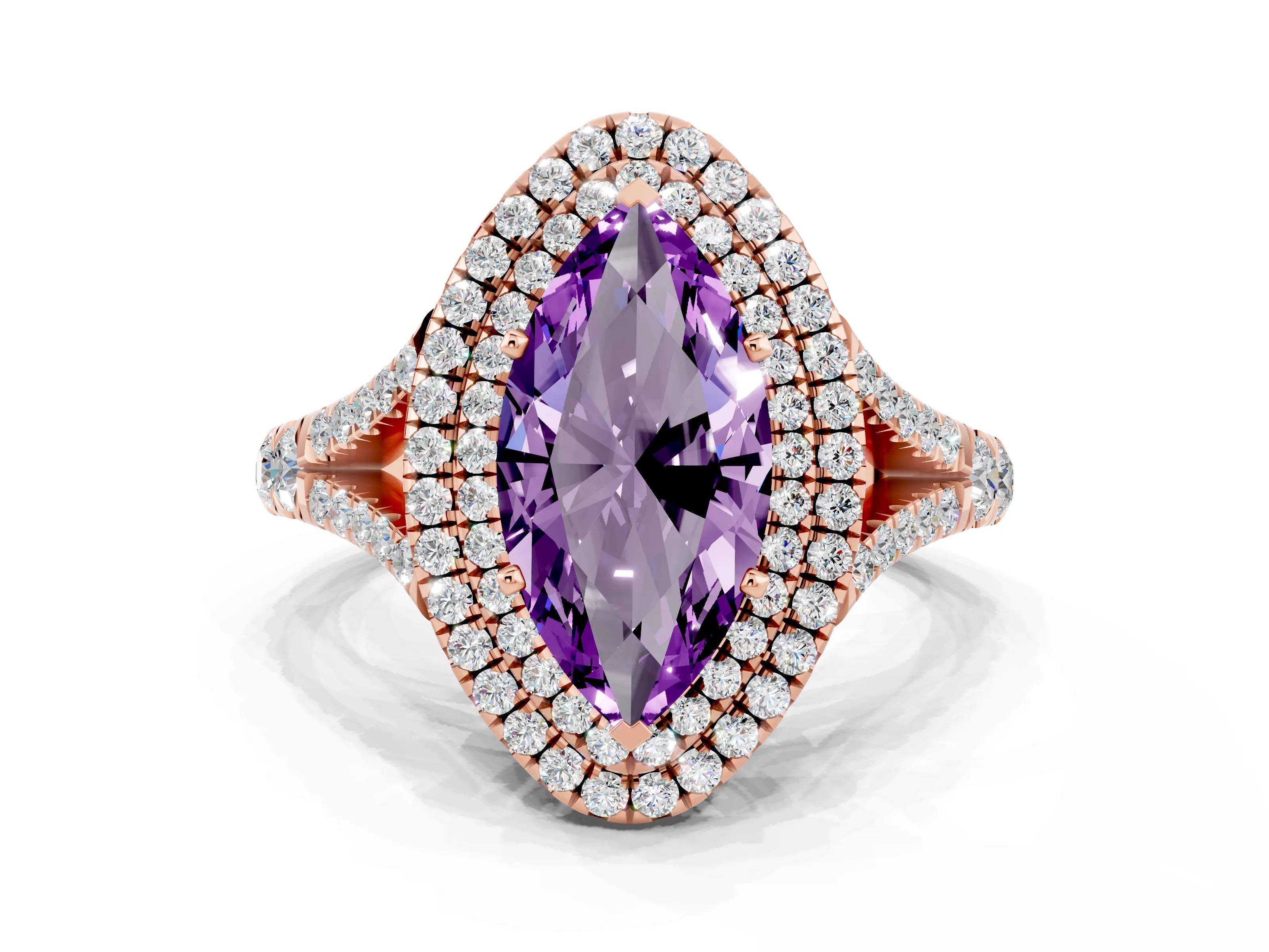 Rose gold Marquise Cut Amethyst Double Halo Ring with Split Shank and Prong Setting_12