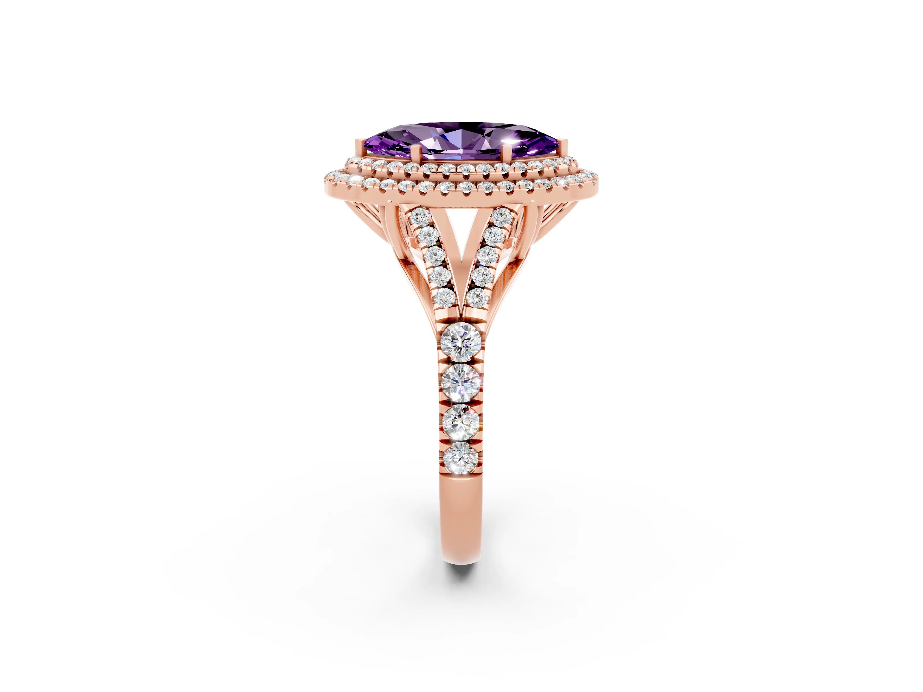 Rose gold Marquise Cut Amethyst Double Halo Ring with Split Shank and Prong Setting_14