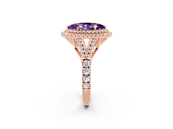 Rose gold Marquise Cut Amethyst Double Halo Ring with Split Shank and Prong Setting