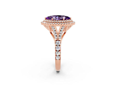 Rose gold Marquise Cut Amethyst Double Halo Ring with Split Shank and Prong Setting_14