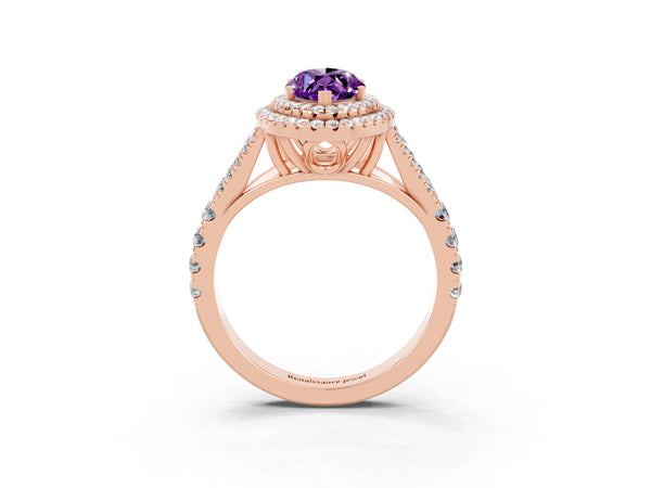 Rose gold Marquise Cut Amethyst Double Halo Ring with Split Shank and Prong Setting